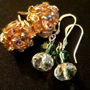 925 Sterling Silver Crystal Earrings..1 inch..pink/green/clear